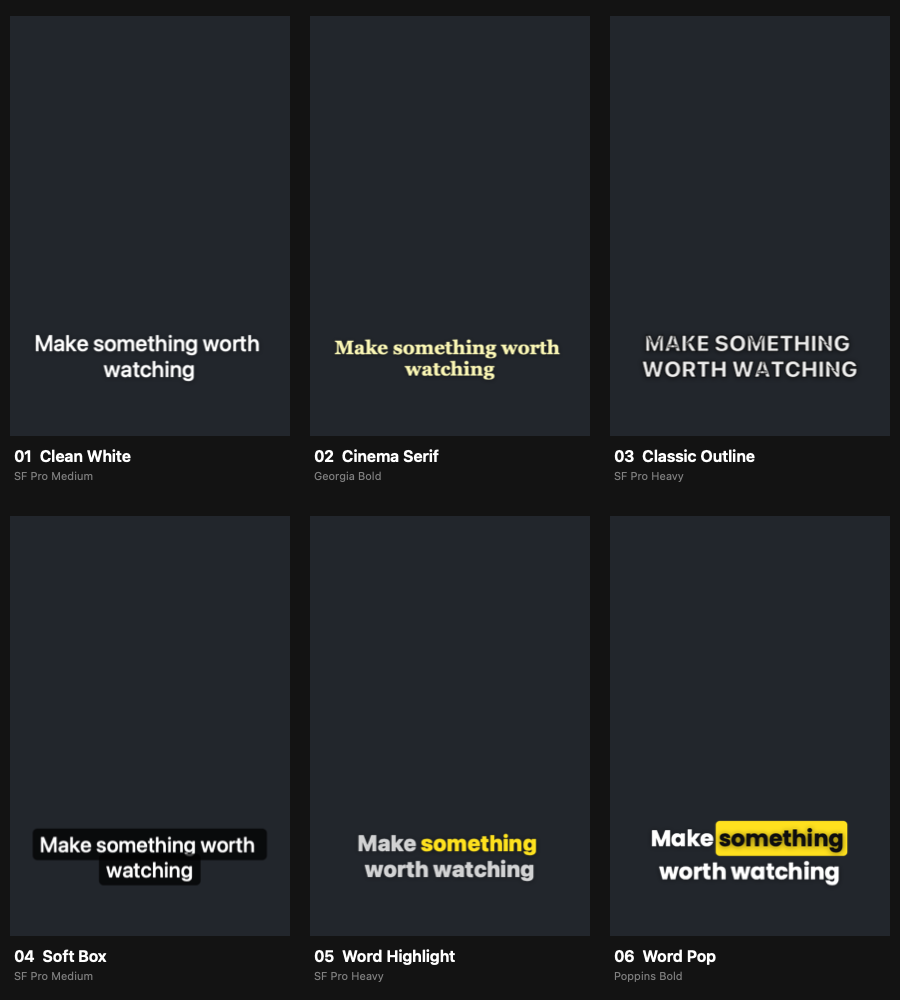 The six basic caption styles, rendered by Aftergrain 2.2.