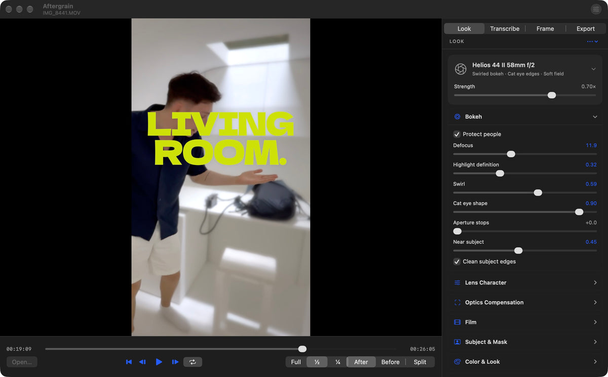Aftergrain 2.2 · lens controls and styled captions