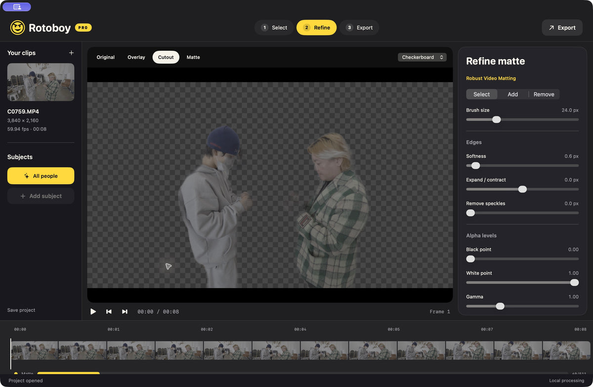 RotoBoy Pro 1.0 · cutout preview and alpha refinement