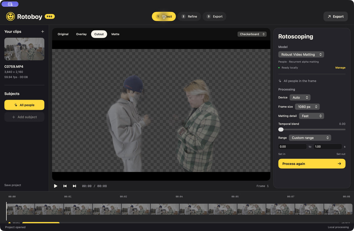 RotoBoy Pro 1.0 · the Select workspace with Robust Video Matting selected. Development preview.