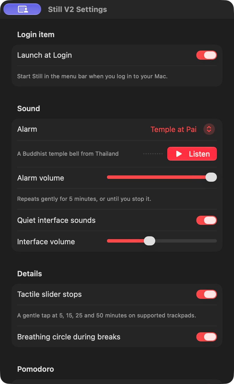 STILL V2 2.0.1 · alarm, interface sound and tactile settings. Development preview.